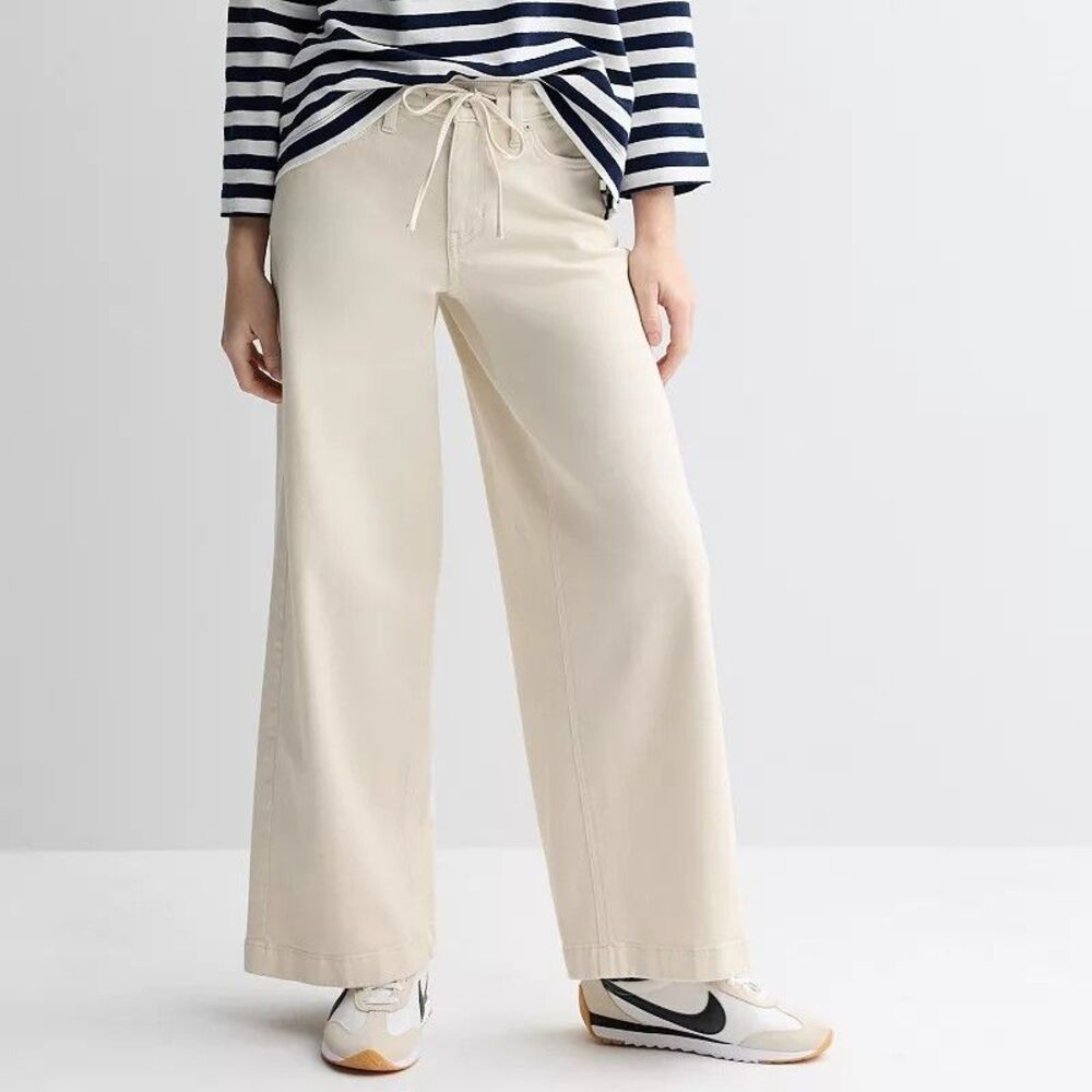 Sonoma Relaxed Tie Waist Wide Leg Jeans Womens 8 Ecru Beige Stretch NEW